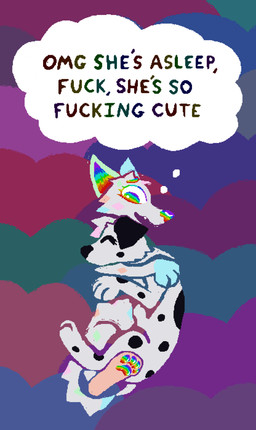 abstract_background black_body black_ears black_fur black_nose cuddling duo eyebrows eyelashes eyes_closed female female/female feral feral_on_feral fur grey_body grey_fur hug looking_at_another markings multicolored_body multicolored_eyebrows multicolored_eyelashes multicolored_eyes multicolored_fur multicolored_pawpads pawpads profanity quadruped rainbow_eyebrows rainbow_eyelashes rainbow_eyes rainbow_inner_ear rainbow_nose rainbow_pawpads rainbow_spots side_view sleeping sparklefur spots spotted_body spotted_fur text thought_bubble toony demensa kayla_(demensa) rainbowpaw_(demensa) canid canine canis dalmatian domestic_dog mammal 2026 absurd_res digital_media_(artwork) english_text full-length_portrait hi_res pixel_(artwork) portrait
