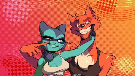 4_fingers 5_fingers anthro anthro_on_anthro big_breasts blue_body blue_fur breasts clothed clothed_anthro clothed_female clothed_male clothing duo eyewear female fingers fur glasses grin humanoid_hands interspecies male male/female red_body red_fur shirt smile tank_top teeth topwear wearing_glasses squiderdoodle cazadora_(rentonreverb) dandy_(rentonreverb) canid canine canis coyote mammal procyonid raccoon 16:9 hi_res widescreen