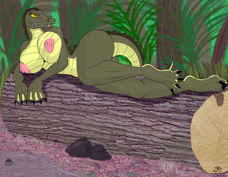 4_toes anthro big_breasts biped breasts claws detailed_background feet female forest grass huge_breasts humanoid_feet leaf log lying membrane_(anatomy) nipples non-mammal_breasts non-mammal_nipples nude outside plant plantigrade rock scales solo tail toe_claws toes tree water webbed_feet webbed_hands wood yellow_eyes conditional_dnp zp92 crocodile crocodilian reptile scalie digital_media_(artwork)