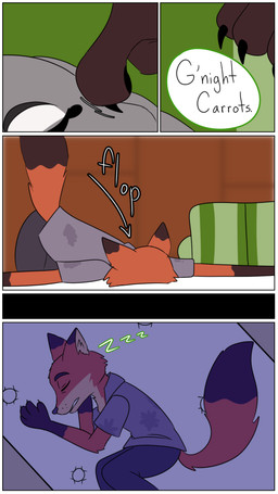 anthro dialogue duo female fur grey_body grey_fur male orange_body orange_fur pointy_ears rabbit_ears sleeping tail text time_skip touching_face hahstudios disney zootopia judy_hopps nick_wilde canid canine european_rabbit fox lagomorph leporid mammal oryctolagus rabbit red_fox true_fox comic english_text