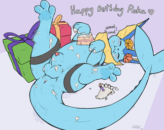 3_toes animal_genitalia anus balls birthday blue_body blush blush_lines box cake candle container dessert dirty eating eyes_closed feet feral fin flower food frill_(anatomy) genitals gift_box happy_birthday heart_symbol lying male neck_frill nude on_back package paws penis penis_tip plant quadruped sheath simple_background smile solo spread_legs spreading tail tail_anus tailbutt text toes ketei nintendo pokemon kemonoruka eeveelution generation_1_pokemon pokemon_(species) vaporeon english_text full-length_portrait hi_res lol_comments portrait trans_(lore) trans_woman_(lore)