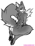 2022 4_toes anthro arm_tuft artist_name back_tuft barefoot bedroom_eyes ben_day_dots black_pawpads breasts butt butt_tuft canid canine claws dated digital_media_(artwork) elbow_tuft falvie feet female fluffy fluffy_tail fox greyscale hi_res hindpaw inner_ear_fluff knee_tuft leg_tuft looking_at_viewer looking_back looking_back_at_viewer mammal monochrome narrowed_eyes neck_tuft nude open_mouth open_smile pawpads paws raised_tail rear_view screentone seductive shaded shoulder_tuft side_boob simple_background sketch smile smiling_at_viewer soles solo tail toe_claws toes tuft whiskers white_background