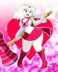 abstract_background anthro asian_clothing big_hammer blue_eyes boots bottomwear bow_ribbon breasts cleavage clothed clothing east_asian_clothing eyelashes female footwear fur gesture hair hammer hand_gesture high_heeled_boots high_heels holding_hammer holding_object holding_tool holding_weapon japanese_clothing japanese_school_uniform kemono lipstick long_eyelashes magical_girl_outfit makeup navel_outline open_mouth open_smile pigeon_toed pointing red_lipstick school_uniform serafuku shoes skirt smile solo standing tools uniform weapon white_body white_fur white_hair wide_hips aozora_(tasogare_aozora) odd_taxi rui_nikaido_(odd_taxi) canid canine canis domestic_dog mammal poodle 2025