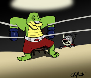 anthro bottomwear boxing boxing_gloves boxing_shorts clothing countershading duo eyes_closed fighting_ring green_body grey_body handwear male scar shorts sitting sport worried sobieniak brok_the_investigator cowcat_games brok_(brok_the_investigator) graff_filsh alligator alligatorid crocodilian domestic_cat felid feline felis mammal reptile scalie 2021 absurd_res hi_res