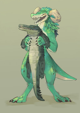 ambiguous_gender anthro black_claws carrying_another claws duo feral green_background green_body green_scales green_sclera horn looking_forward male open_mouth scales simple_background standing tan_body tan_scales teeth yellow_sclera babanasaur keranas crocodile crocodilian lizard reptile scalie 2021 digital_media_(artwork) hi_res