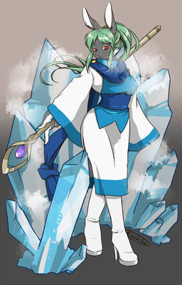 boots clothing female footwear green_hair hair ice kemono long_hair magic magic_user red_eyes shoes solo spell unknown_artist lagomorph leporid mammal rabbit hi_res