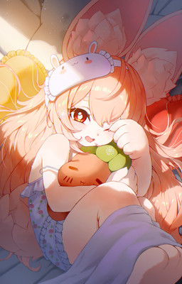anthro barefoot bed bedding blanket blindfold bottomwear camisole clothed clothing eyemask eyewear feet female female_anthro frilly frilly_clothing furniture hair mask off_shoulder one_eye_closed open_mouth pillow pink_body pink_hair plushie shorts sleep_mask sleepwear solo tired young young_anthro young_female yamacho mihoyo zenless_zone_zero zhao_(zenless_zone_zero) lagomorph leporid mammal rabbit absurd_res hi_res
