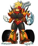 anthro armor beady_eyes big_breasts breasts car claws female hot_rod_flames huge_breasts machine mohawk pauldron smokestack solo spikes vehicle wheel fruitloop-chan chroma_(famwammer) red_corvette avian elemental_creature robot absurd_res hi_res