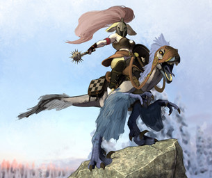 ambiguous_gender anthro armor blue_body blue_feathers breasts bridle claws duo feathers female feral fur hair headgear helmet long_hair looking_at_viewer mace melee_weapon open_mouth outside pink_hair plant reins riding rock saddle sharp_teeth shield sickle_claw sky tail teeth toe_claws tree weapon yellow_body yellow_fur hattonslayden dinosaur dromaeosaurid feathered_dinosaur feathered_scalie lagomorph leporid mammal prehistoric_species rabbit reptile saurischian scalie theropod velociraptor 2017 digital_media_(artwork) hi_res