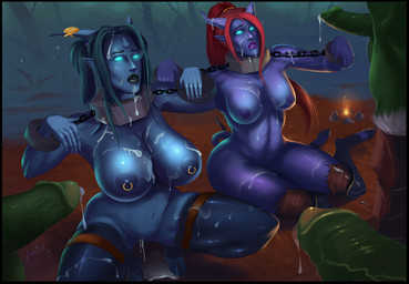 areola bodily_fluids breasts clothing crouching cum cum_on_body erection faceless_character faceless_male female genital_fluids genitals group hooves humanoid_genitalia humanoid_penis legwear male nipple_piercing nipples penis piercing slave stockings vein veiny_penis lucien blizzard_entertainment warcraft draenei humanoid orc 2014