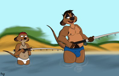 adult_on_young age_difference anthro armpit_hair blue_clothing blue_speedo blue_swimwear body_hair bulge clothed clothing duo fishing fishing_rod male male_anthro pubes speedo speedo_only swimwear topless topless_anthro topless_male water white_clothing white_speedo white_swimwear young young_anthro young_male rasik disney the_lion_king timon timon's_dad herpestid mammal meerkat absurd_res hi_res father_(lore) father_and_child_(lore) father_and_son_(lore) parent_(lore) parent_and_child_(lore) parent_and_son_(lore) son_(lore)