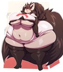 anthro areola belly big_belly big_breasts black_areola black_hair bottomwear breasts clothing deep_navel female grey_body hair huge_breasts huge_hips huge_thighs hyper hyper_hips hyper_thighs legwear looking_at_viewer navel overweight overweight_anthro overweight_female red_eyes shirt shorts smile solo thick_thighs thigh_highs topwear under_boob wide_hips trinity-fate62 nintendo pokemon team_rocket generation_3_pokemon mightyena pokemon_(species) hi_res
