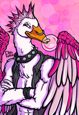 abs alternative_fashion anthro biceps black_clothing black_topwear black_vest blowing_bubble_gum bracelet bubble_gum bubbleyum choker clothing crossed_arms facial_piercing feathers floyd_d_duck hair jewelry long_neck looking_at_viewer male mischievous_smile multicolored_wings muscular necklace nose_piercing nose_ring orange_bill pecs piercing pink_background pink_bubble pink_eyes pink_hair pink_wings punk ring_piercing simple_background solo spiked_choker spiky_hair studded_bracelet studded_jewelry studs topwear vest white_body white_feathers wings fanggoblin anatid anseriform avian bird duck absurd_res colored digital_media_(artwork) hi_res portrait shaded