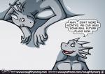 2018 anthro belly big_belly comic dialogue dom_(naughtymorg) dragon english_text fin horn hyper_inflation male mythological_creature mythological_scalie mythology naughtymorg scalie seph_(naughtymorg) speech_bubble text url