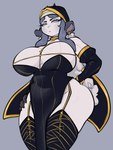 anthro armwear big_breasts breasts clothing collar ear_piercing ear_ring elbow_gloves female gloves hand_on_hip handwear legwear looking_down nun_outfit piercing ring_piercing solo thick_thighs thigh_highs fairyincorner una_(fairyincorner) bovid caprine mammal sheep 3:4 hi_res