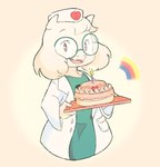 anthro cake candle clothing coat dessert eyewear food fur glasses green_eyewear green_glasses horn male nurse pink_eyes solo topwear white_body white_clothing white_coat white_fur white_topwear threek deltarune undertale_(series) ralsei bovid caprine goat mammal absurd_res hi_res