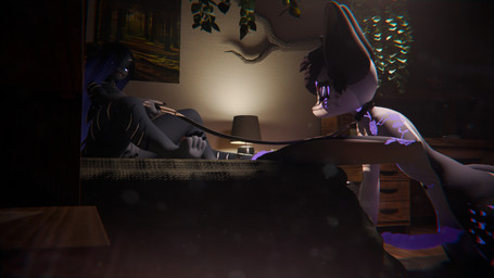 anthro bed bedroom breasts collar crawling dominant dominant_female duo ear_piercing erection female furniture genitals hair imminent_sex inside inviting kneeling knot knotted_penis larger_male larger_sub leash leashed_collar leashed_male long_hair low-angle_view male male/female markings nude on_bed penis piercing purple_eyes purple_hair purple_markings ridged_knotted_penis ridged_penis shelf side_view size_difference smaller_female smirking_at_partner spread_legs spreading submissive submissive_male velura_luna blender_(copyright) kinktober kinktober_2025 aquatic fish kerian shark 16:9 2025 3d_(artwork) blender_(artwork) blender_cycles_(artwork) digital_media_(artwork) hi_res warm_colors widescreen