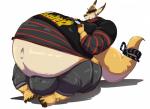 anthro belly big_belly big_bulge bottomwear bulge clothing electronics game_console holding_object huge_bulge hyper hyper_bulge male musclegut muscular muscular_anthro muscular_male pants playing shirt shirt_on_shirt simple_background sitting solo text topwear white_background bobert nintendo nintendo_switch joey_(broadsword) kangaroo macropod mammal marsupial 2019