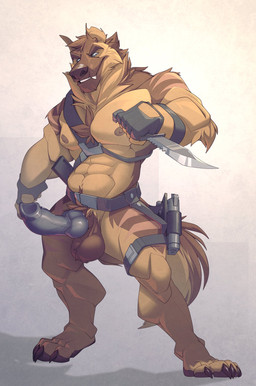 4_toes 5_fingers animal_genitalia animal_penis anthro balls big_penis black_penis black_sclera brown_body brown_claws brown_fur brown_nipples brown_nose brown_pawpads canine_genitalia canine_penis claws clothing erection eyebrows feet fingerless_gloves fingers fur genitals gloves grey_eyes gun handgun handwear holster humanoid_hands knife knot male military muscular muscular_anthro muscular_male nipples pawpads penis pistol ranged_weapon soldier solo thick_eyebrows toes warrior weapon no_swift dal_(dal_your_pal) canid canine canis domestic_dog german_shepherd herding_dog mammal pastoral_dog 2020 hi_res