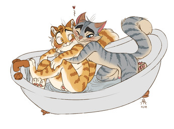 anthro anthro_on_anthro balls bath blush countershading duo flaccid foreskin fur genitals heart_symbol hug humanoid_genitalia humanoid_penis intraspecies male male/male nude partially_retracted_foreskin partially_submerged penis simple_background smile water therabbitd lackadaisy calvin_mcmurray rocky_rickaby domestic_cat felid feline felis mammal 2014 digital_media_(artwork) cousins_(lore) incest_(lore)
