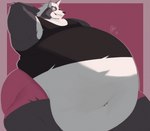 anthro belly big_belly black_clothing black_shirt black_tank_top black_topwear bottomwear clothing fur grey_body grey_fur hair hand_behind_head heart_symbol hotpants huge_belly hyper hyper_belly male musclegut muscular muscular_anthro muscular_male navel obese obese_anthro obese_male overweight overweight_anthro overweight_male pecs pink_background pink_bottomwear pink_clothing pink_shorts red_eyes shirt shorts simple_background solo tank_top thick_thighs topwear white_belly white_hair wide_hips tkckid nintendo star_fox wolf_o'donnell canid canine canis mammal wolf hi_res