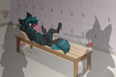 4_toes 5_fingers animal_genitalia animal_penis anthro anus balls bench big_penis black_body black_fur blush bodily_fluids brown_body brown_eyes brown_fur brown_inner_ear brown_inner_ear_fluff brown_pawpads brown_penis butt canine_genitalia canine_penis caught_in_the_act caught_masturbating claws clothing cum cumshot cute_fangs dialogue dipstick_ears dipstick_tail ear_markings ejaculation erection fangs feet fingers fluffy fluffy_tail fur fur_markings furniture genital_fluids genitals green_body green_fur green_hair group hair hand_on_penis holding_clothing holding_object holding_underwear inner_ear_fluff inside knot knotted_penis locker locker_room logo looking_at_another lying male markings masturbation multicolored_ears nude nude_anthro nude_male on_back open_mouth orgasm pawpads paws penile penile_masturbation penis penis_awe sniffing sniffing_clothes tail tail_markings teeth text toe_claws toes trio tuft underwear underwear_sniffing white_text wood wood_bench wood_furniture young young_anthro young_but_hung young_male bell_koji slash_(slashster) canid canine domestic_cat felid feline felis fox hybrid mammal 2025 artist_logo artist_name english_text hi_res