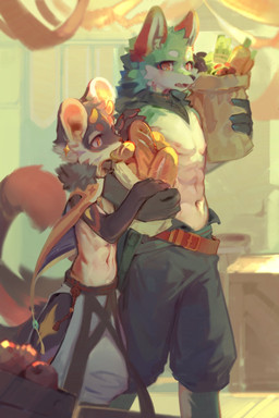 adolescent anthro belt bottomwear bread brown_belt cape cheek_tuft clothed clothing duo ear_piercing facial_tuft food fur glistening glistening_eyes green_body green_fur grey_body grey_bottomwear grey_clothing grey_fur grey_pants holding_food holding_object horn male navel open_mouth orange_eyes pants piercing plant standing topless tuft vegetable white_body white_fur yellow_horn young young_anthro young_male carbonizedaki canid mammal hi_res