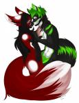 anthro breasts duo eyewear female fur glasses green_body green_fur male male/female piercing red_body red_fur simple_background white_background zakyria foxie_(friskyfoxie) wolfie_(deltawolfie420) canid canine canis fox mammal wolf hi_res