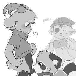 age_difference ambiguous_gender anthro anthro_on_anthro anthro_penetrated anthro_penetrating anthro_penetrating_anthro blush bottomless breath clothed clothing clothing_lift ears_back eye_patch eyewear fellatio fluffy fluffy_tail fur genitals group hat hat_only headgear headgear_only headwear headwear_only horn humanoid_genitalia humanoid_penis male male/male male_penetrated male_penetrating male_penetrating_male mostly_nude oral oral_penetration penetration penile penis pivoted_ears recording_video scarf scarf_only sex shirt shirt_lift shirt_only side_view standing tail topwear topwear_only trio voyeur young young_anthro young_male young_on_young younger_male capnkabi bolgogi kabi_(capnkabi) silver_(capnkabi) bovid canid canine caprine fox goat mammal procyonid raccoon 1:1 greyscale hi_res monochrome