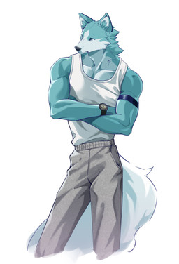 anthro armband athletic athletic_anthro athletic_male biped black_nose blue_body blue_fur bottomwear cheek_tuft clock clothed clothing facial_tuft fluffy fluffy_tail fur grey_bottomwear grey_clothing grey_pants inner_ear_fluff male pants shirt simple_background solo tail tank_top topwear tuft watch white_clothing white_shirt white_tank_top white_topwear dxmdwq764027 brand_new_animal studio_trigger shirou_ogami canid canine canis mammal wolf absurd_res digital_media_(artwork) hi_res