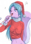 blue_eyes blue_hair bottomless candy candy_cane christmas_clothing christmas_headwear clothed clothing dessert eyelashes female food food_fetish hair hat headgear headwear heart_symbol holidays midriff navel purple_body red_clothing santa_hat shirt simple_background solo suggestive suggestive_food tail teeth tongue topwear white_background jumpyneko christmas domestic_cat felid feline felis mammal rodent sciurid tree_squirrel