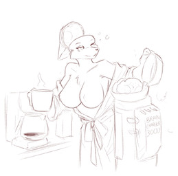 anthro big_breasts brain breasts clothing coffee_machine coffee_mug disembodied_brain empty_skull featureless_breasts female intersex intersex/female organs robe solo text starfighter black_and_white digital_drawing_(artwork) digital_media_(artwork) english_text line_art monochrome