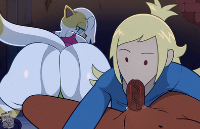 anthro anus big_butt biped bouncing_butt butt clothed clothing dark_body dark_skin detailed_background eyelashes fellatio female female_anthro female_penetrated front_view genitals group hair huge_butt looking_at_viewer looking_back male male/female male_penetrating male_penetrating_female oral oral_penetration panties penetration penile penile_penetration penis penis_in_mouth pupils rear_view sex tail thick_thighs twerking underwear kenbr_arts_(artist) adventure_time cartoon_network fionna_and_cake fionna_and_cake_(franchise) cake_the_cat fionna_the_human domestic_cat felid feline felis human mammal animated