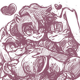 anthro big_breasts bracelet breasts clothing cybernetic_limb cybernetics female female/female gloves group hair handwear heart_symbol hug jewelry lipstick machine makeup male nipples pink_body topwear trio vest ramdoctor sega sonic_the_hedgehog_(series) amy_rose bunnie_rabbot sally_acorn chipmunk cyborg eulipotyphlan ground_squirrel hedgehog lagomorph leporid mammal rabbit rodent sciurid 1:1 2025 hi_res