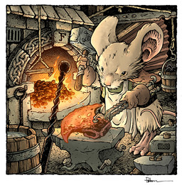 anthro apron barefoot brown_body brown_fur bucket clothing container feet fire fur hammer holding_hammer holding_object holding_tool inside looking_down male smithing smithy solo tail tools white_apron white_clothing david_petersen mouse_guard farrer_(mouse_guard) mammal mouse murid murine rodent