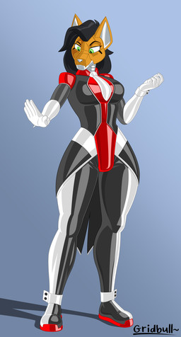 anthro black_hair black_latex breasts butler clothed clothed_anthro clothed_female clothing female gloves green_eyes grey_body hair handwear latex latex_clothing latex_gloves latex_handwear latex_uniform machine multicolored_body multicolored_clothing orange_body red_latex solo two_tone_body white_clothing white_gloves white_handwear white_latex gridbull canid canine mammal robot 2026 absurd_res hi_res
