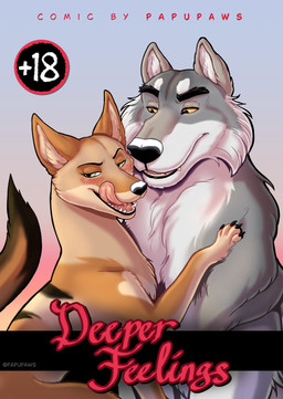 blush blush_lines brown_body brown_fur duo eyelashes female feral fur grey_body grey_fur leaning_on_another licking_mouth looking_at_viewer male male/female papupaws arne_(papupaws) ivy_(papupaws) canid canine canis coyote mammal wolf comic cover cover_art cover_page hi_res
