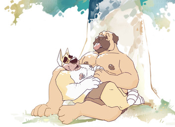 anthro anthro_on_anthro arm_hair belly big_belly black_eyebrows black_nose body_hair bottomwear brown_bottomwear brown_clothing brown_nipples brown_shorts chest_hair clothed clothing duo eyebrows eyes_closed floppy_ears front_view fur gloves_(marking) male male/male markings moobs nipple_piercing nipple_ring nipples on_lap open_mouth orange_body orange_fur outside overweight overweight_anthro overweight_male piercing pink_nipples plant ring_piercing shorts side_view sitting topless tree white_body white_fur yellow_body yellow_fur chocolateandmilk richard_(chocolateandmilk) canid canine canis domestic_dog mammal hi_res
