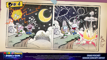 2_panel_comic accessory anthro arms_bent bent_legs black_sky blonde_hair blue_clothing blue_overalls blue_sclera bottomwear brown_clothing brown_footwear brown_shoes buckteeth building bulging_eyes canon_couple car cliff clothed clothed_anthro clothed_female clothed_male clothing cloud copyright_symbol crash crescent_moon crop_top eyes_closed female female_anthro footwear fully_clothed fully_clothed_anthro fully_clothed_female grass green_bottomwear green_clothing green_crop_top green_headband green_shirt green_skirt green_topwear hair hands_over_mouth headband heart_symbol hill house jumping kneeling long_ears long_hair male male/female male_anthro midriff mitten_hands moon moon_falling night noseless number open_mouth open_smile outside overalls pink_inner_ear plant puffed_cheeks red_tongue shirt shirtless_anthro shirtless_male shoes sitting skirt sky smile smoke speech_bubble star starry_sky startled symbol teeth text tongue topwear vehicle fabio_pochet mario_bros mario_plus_rabbids_sparks_of_hope nintendo raving_rabbids rayman_(series) ubisoft t.s._woodrow t.s._woodrow's_girlfriend lagomorph mammal rabbid 2022 absurd_res artist_name colored comic crossover digital_drawing_(artwork) digital_media_(artwork) english_description english_text hi_res official_art shaded widescreen