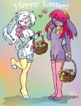 anthro basket breasts circumcised clothing container duo ear_piercing easter_basket easter_egg egg female femboy flaccid footwear genitals hair heart_symbol holidays legwear male nipples penis piercing pink_hair ribbons socks star stockings toeless_footwear toeless_socks white_hair j3t easter casey_(j3t) marble_(j3t) lagomorph leporid mammal rabbit