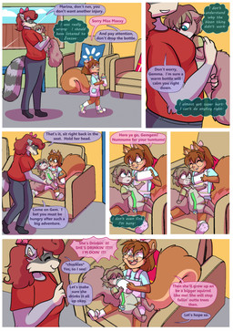 accessory anthro baby_bottle bow_ribbon clothing dialogue eyewear female furniture glasses group hair_accessory hair_bow hair_ribbon overalls ribbons sofa speech_bubble tail text trio young babystar gemma_polson marina_neira_(character) mammal procyonid raccoon rodent sciurid tree_squirrel comic english_text hi_res