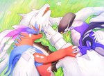 ambiguous_gender anthro blush blush_lines eyes_closed fangs flower forked_tongue fur grass group hand_holding hug lying on_back on_grass open_mouth plant purple_body red_body teeth tongue tongue_out trio white_body white_fur sonymonster793 mythology nintendo pokemon ancient_pokemon dragon furred_dragon furred_scalie future_pokemon generation_5_pokemon generation_9_pokemon koraidon legendary_pokemon miraidon mythological_creature mythological_scalie paradox_pokemon pokemon_(species) reshiram scalie 2025 hi_res