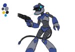 anthro armor_plates armored_boots blue_body clothing female grey_body gun hat headgear headwear holding_gun holding_object holding_ranged_weapon holding_weapon holographic_eyes joints machine police police_hat police_officer ranged_weapon screen screen_face simple_background solo tail tail_wire weapon sealer4258 j4ne_(sealer4258) android living_machine robot robot_anthro digital_media_(artwork) hi_res