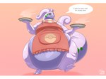 ambiguous_gender anthro apron belly big_belly cake clothing cooking dessert digitigrade food huge_belly hyper long_ears looking_at_viewer obese overweight purple_body scarf simple_background solo speech_bubble tail text thick_tail thick_thighs walking biglovealicia nintendo pokemon generation_6_pokemon goodra pokemon_(species) 2024 cel_shading english_text hi_res letterbox shaded signature