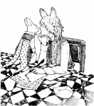 anthro chair clothed clothing duo envelope eyes_closed fountain_pen fully_clothed fur furniture hair humanoid_hands inkwell long_ears male paper simple_background size_difference smile white_background writing_text yurugi animal_humanoid humanoid lagomorph lagomorph_humanoid leporid leporid_humanoid mammal mammal_humanoid rabbit rabbit_humanoid black_and_white cross-hatching hatching_(art) monochrome shaded