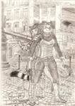 alternative_fashion anthro armor duo female gun lacing ranged_weapon standing steampunk tail text weapon n2o moldred space_furries_(comic) julie_rayne mahuru_pierah felid feline ictonychine leopardus mammal marbled_polecat mustelid musteline ocelot polecat_(mustelid) 2011 english_text graphite_(artwork) greyscale hi_res monochrome sepia traditional_media_(artwork)