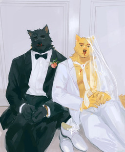 accessory anthro black_body black_clothing black_fur black_suit blood blood_on_clothing blood_on_face bodily_fluids bow_tie clock clothing digit_ring dress dried_blood duo facial_hair flower footwear formal_suit fur jewelry male muscular muscular_male mustache necktie nosebleed plant ring rose_(flower) shoes suit suit_and_tie watch wedding_clothing wedding_dress wedding_ring wedding_veil white_clothing white_footwear white_shoes wristwatch yellow_body yellow_fur tunawinesauce canid canine mammal hi_res