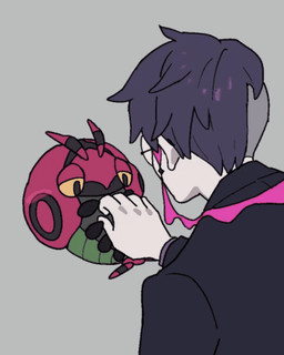 ambiguous_gender black_body duo eyewear feral glasses glasses_chain green_body lying male markings on_back red_body ring_(marking) suit_jacket teasing yellow_eyes yellow_sclera 613_(pkmnrkgk) nintendo pokemon corbeau_(pokemon) arthropod generation_5_pokemon human mammal pokemon_(species) venipede 4:5 animated