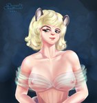 alternate_species anthro big_breasts blonde_hair breasts clothed clothing collarbone corset curvy_figure dress erect_nipples female furrification gown hair lingerie nipples partially_clothed party solo topwear translucent translucent_clothing davenachaffinch billie_eilish humanoid hi_res