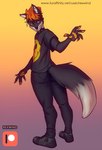 anthro black_clothing boots bottomwear clothing collar ear_piercing facial_piercing footwear hair male nose_piercing orange_hair orange_tongue pants piercing shirt shoes solo text tongue tongue_out topwear yellow_eyes rexwind canid canine fox mammal url